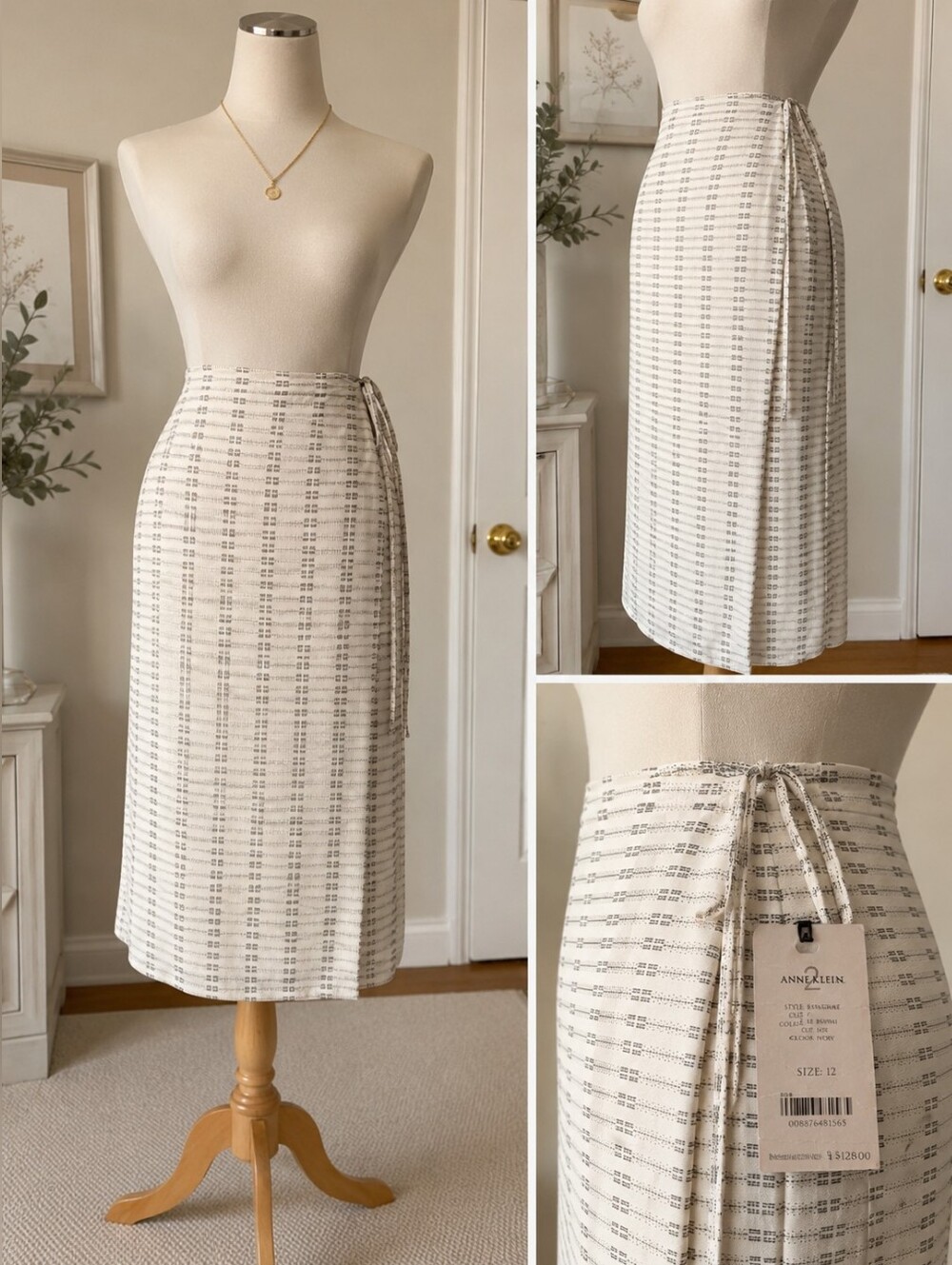 NWT Anne Klein 2 Ivory Lucky Strike Wrap Midi Skirt Size 12 - Picture 1 of 8
